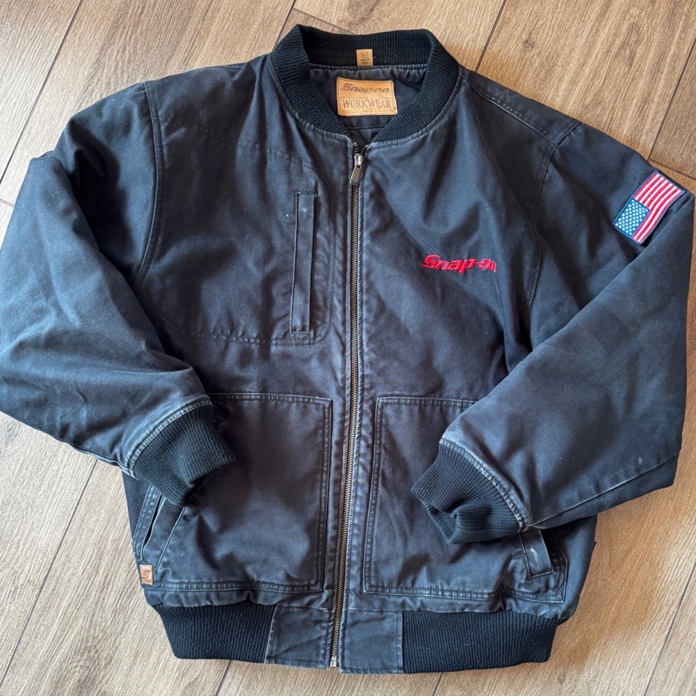 Snap-on Workwear Mens XL Black Canvas Bomber Jacket Quilted Lining American Flag